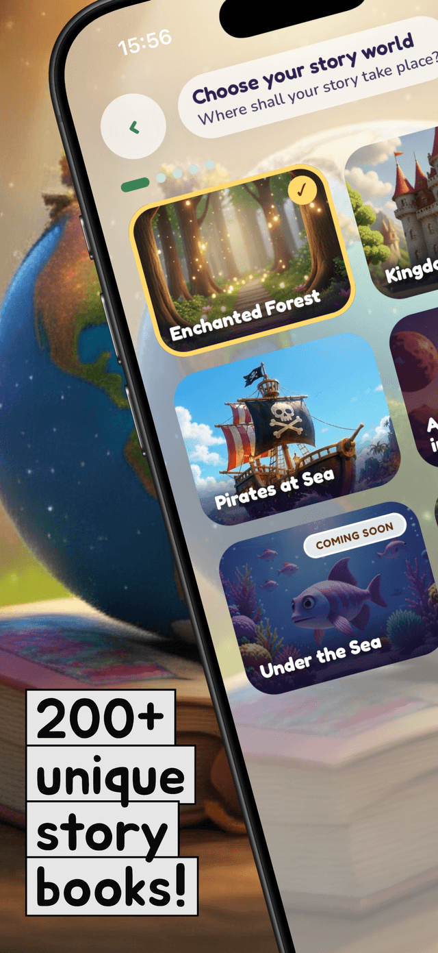 Authorling's story world picker, with Enchanted Forest chosen alongside Kingdom, Pirates at Sea and an Under the Sea world marked coming soon