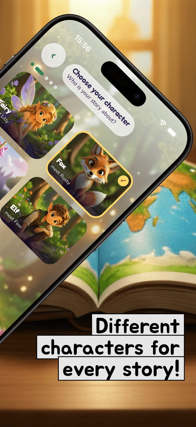 Choosing a character in Authorling: Rusty the Fox is selected, with Lilly the Fairy and Finn the Elf either side of him