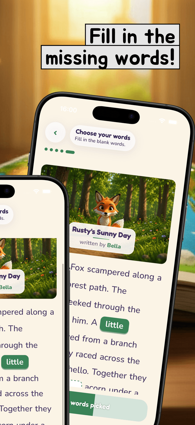 A page of Rusty's Sunny Day, written by Bella, with the chosen word little set into the sentence and a words-picked progress bar below