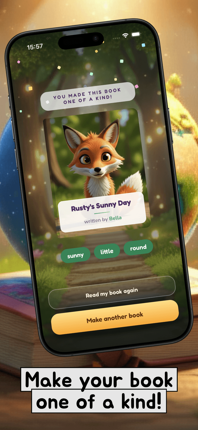 Authorling's finished book screen: Rusty's Sunny Day by Bella, the words sunny, little and round, and buttons to read it again or make another book